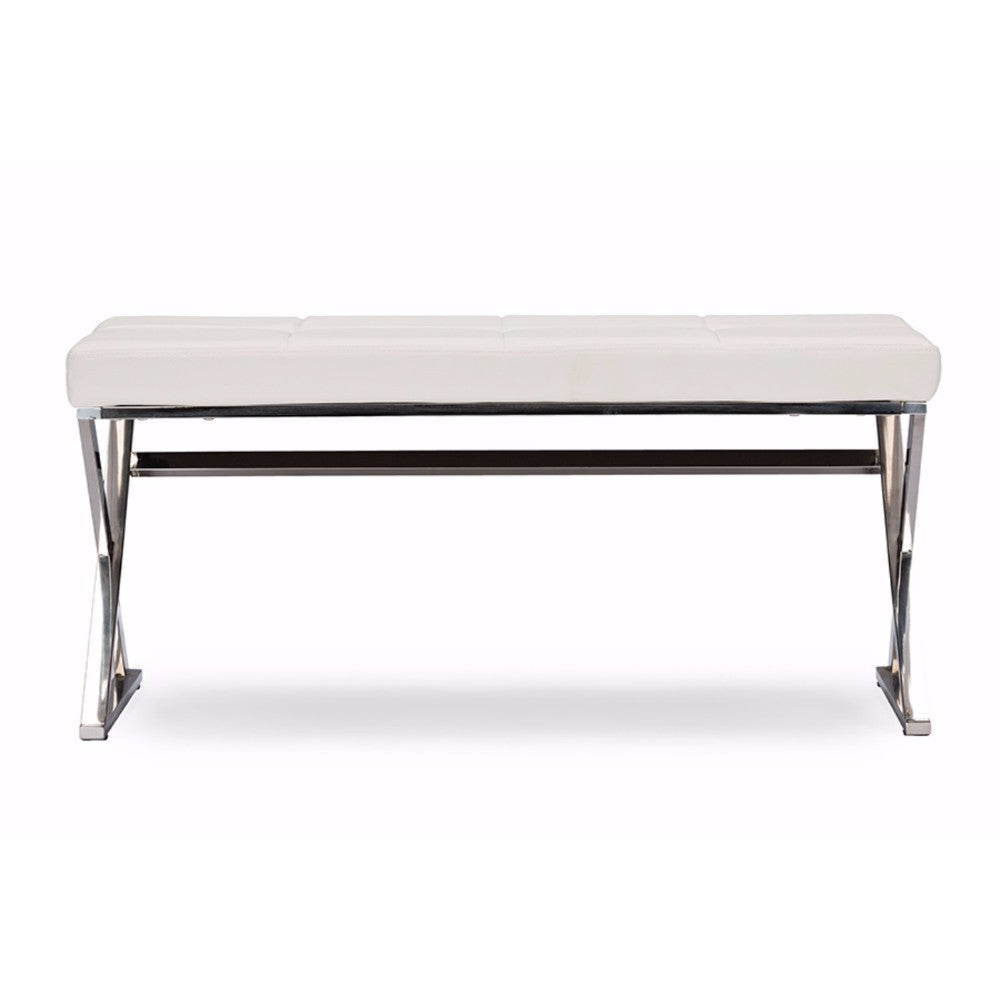 Baxton Studio Herald Modern and Contemporary Stainless Steel and White Faux Leather Upholstered Rectangle Bench WHI-GY-8414-White-PU