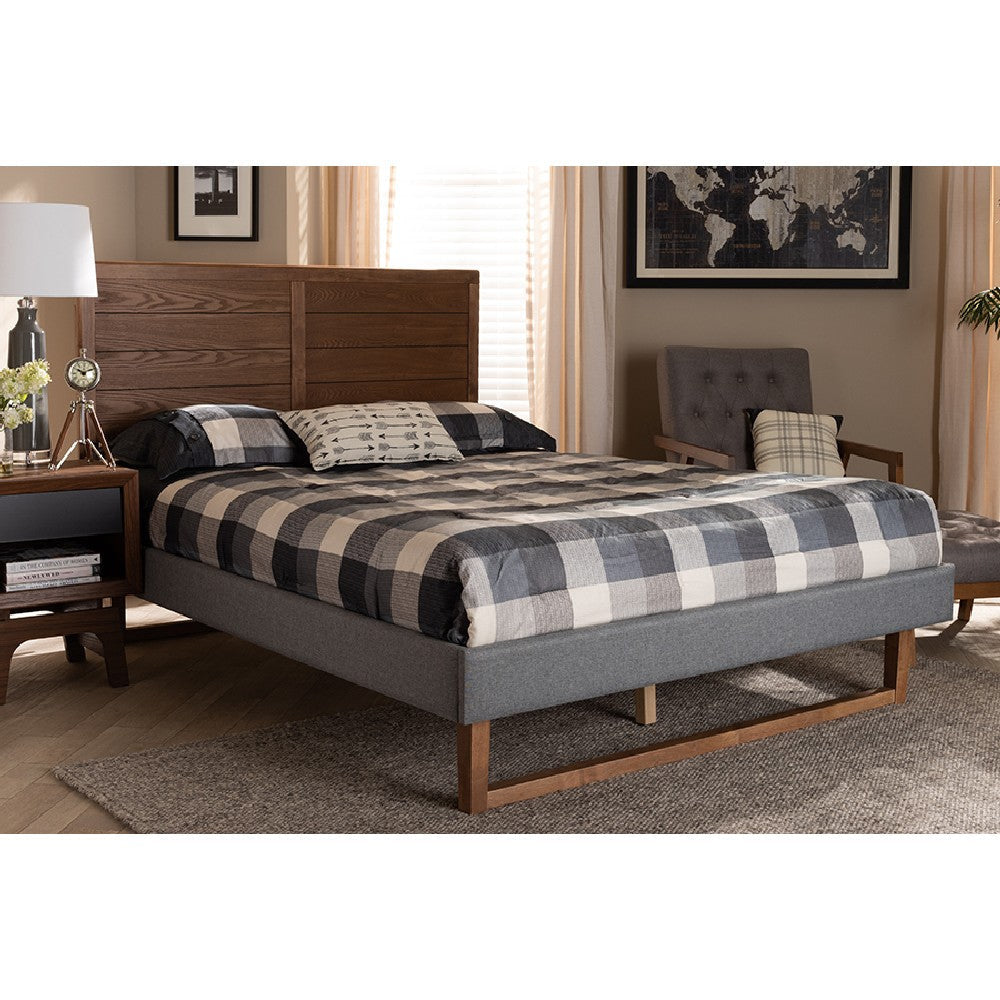 Baxton Studio Gabriela Rustic Modern Dark Grey Fabric Upholstered and Ash Walnut Brown Finished Wood Queen Size Platform Bed