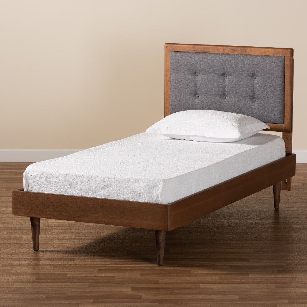 Baxton Studio Greta Mid-Century Modern Dark Grey Fabric Upholstered and Walnut Brown Finished Wood Twin Size Platform Bed