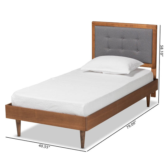 Baxton Studio Greta Mid-Century Modern Dark Grey Fabric Upholstered and Walnut Brown Finished Wood Twin Size Platform Bed