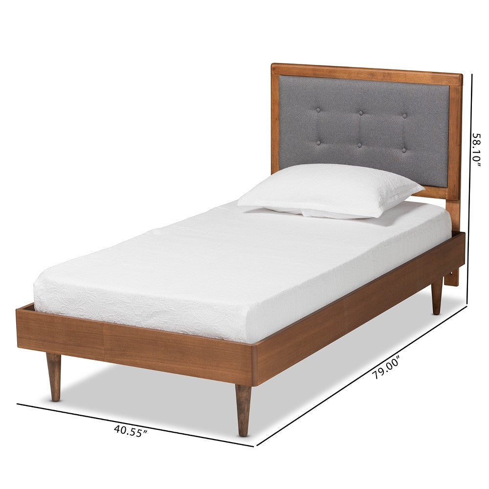 Baxton Studio Greta Mid-Century Modern Dark Grey Fabric Upholstered and Walnut Brown Finished Wood Twin Size Platform Bed