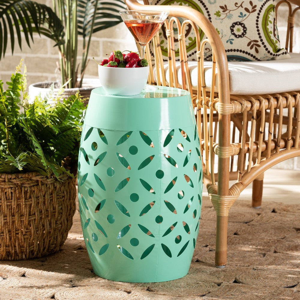 Baxton Studio Hallie Modern and Contemporary Aqua Finished Metal Outdoor Side Table WHI-H01-101371B-Aqua-Metal-Side-Table