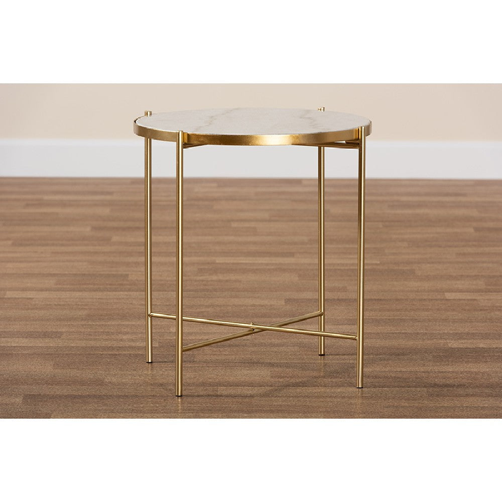 Baxton Studio Maddock Modern and Contemporary Gold Finished Metal End Table with Marble Tabletop WHI-H01-102776-Metal-Marble-Side-Table