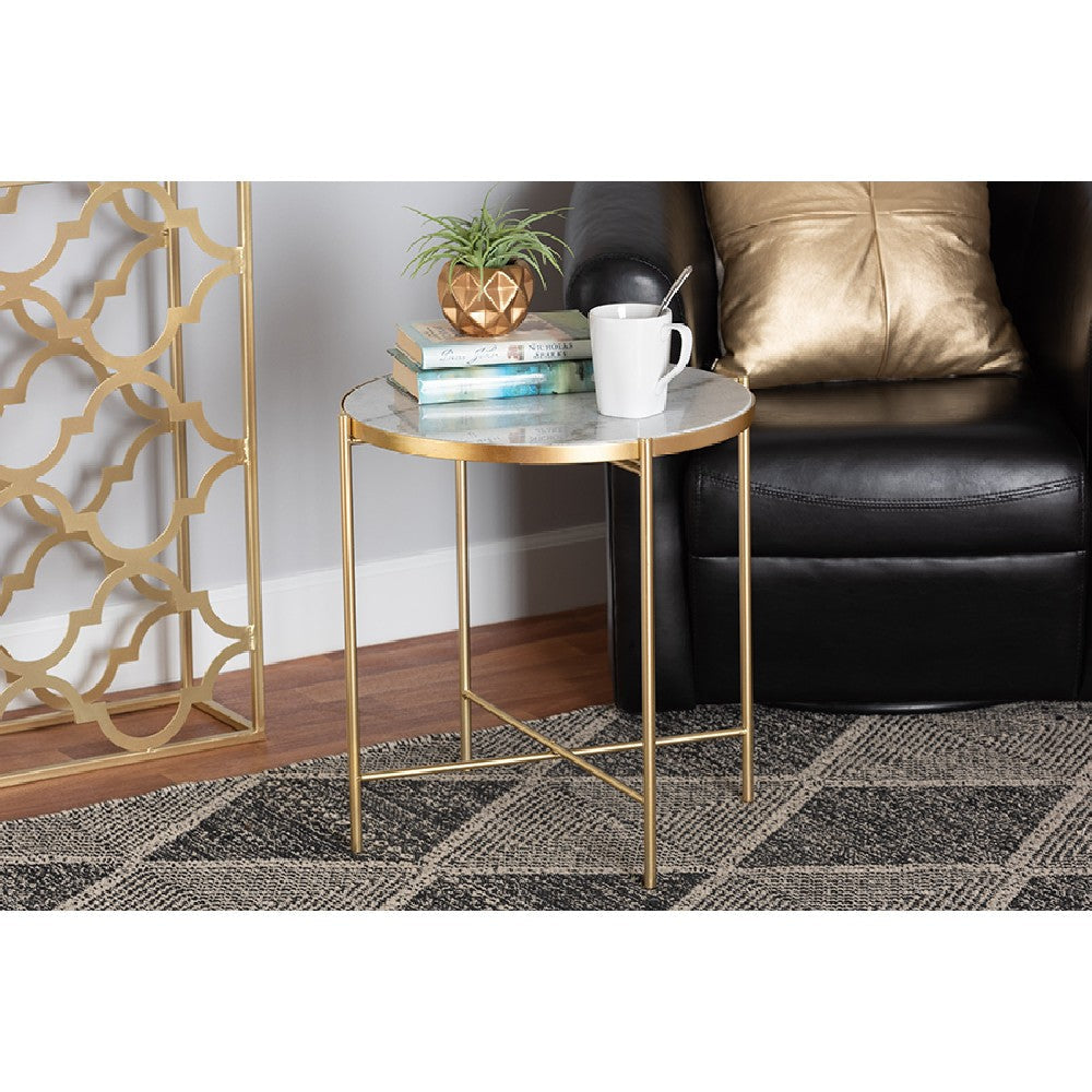 Baxton Studio Maddock Modern and Contemporary Gold Finished Metal End Table with Marble Tabletop WHI-H01-102776-Metal-Marble-Side-Table