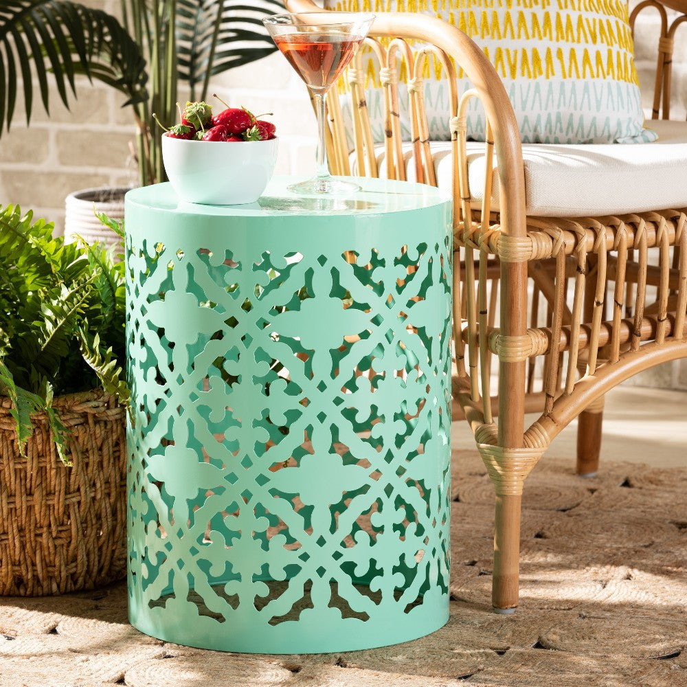 Baxton Studio Jamila Modern and Contemporary Aqua Finished metal Outdoor Side Table WHI-H01-104258-Aqua-Metal-Side-Table