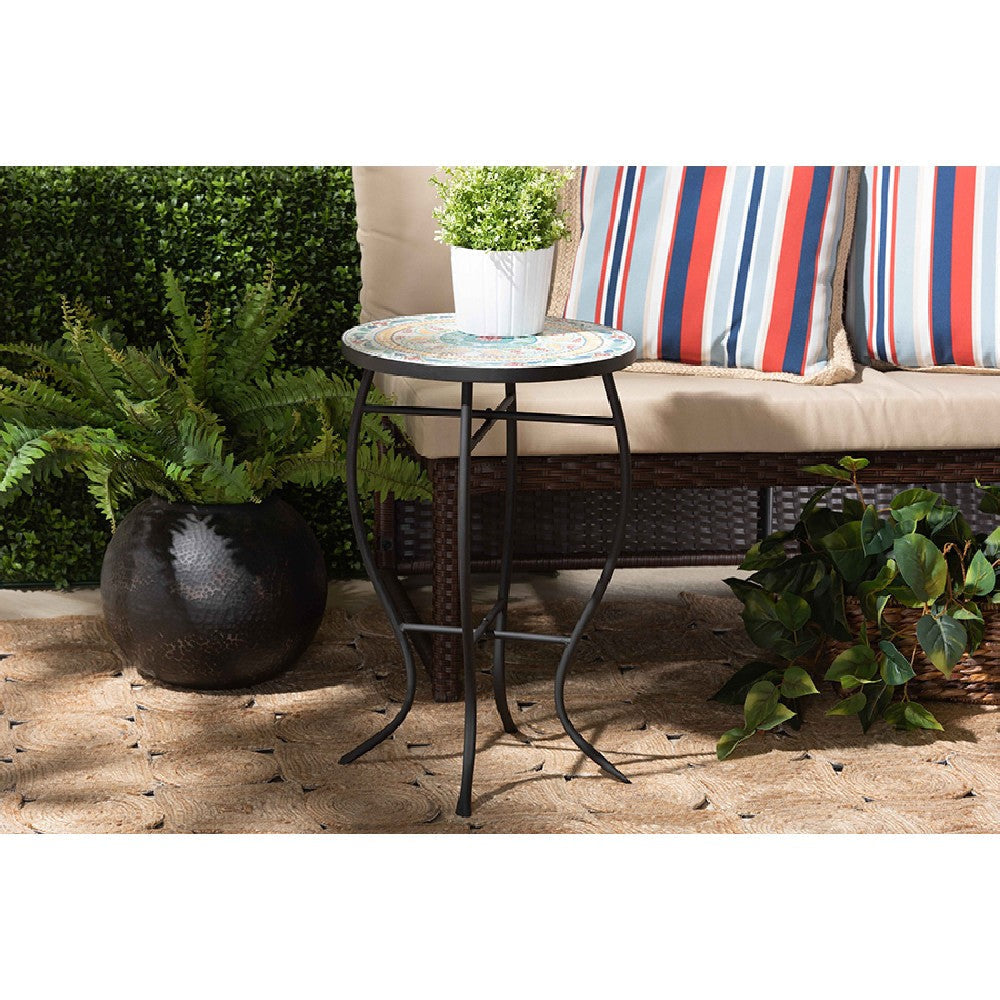 Baxton Studio Gaenor Modern and Contemporary Black Metal and Multi-Colored Ceramic Tile Plant Stand WHI-H01-104289-Plant-Stand