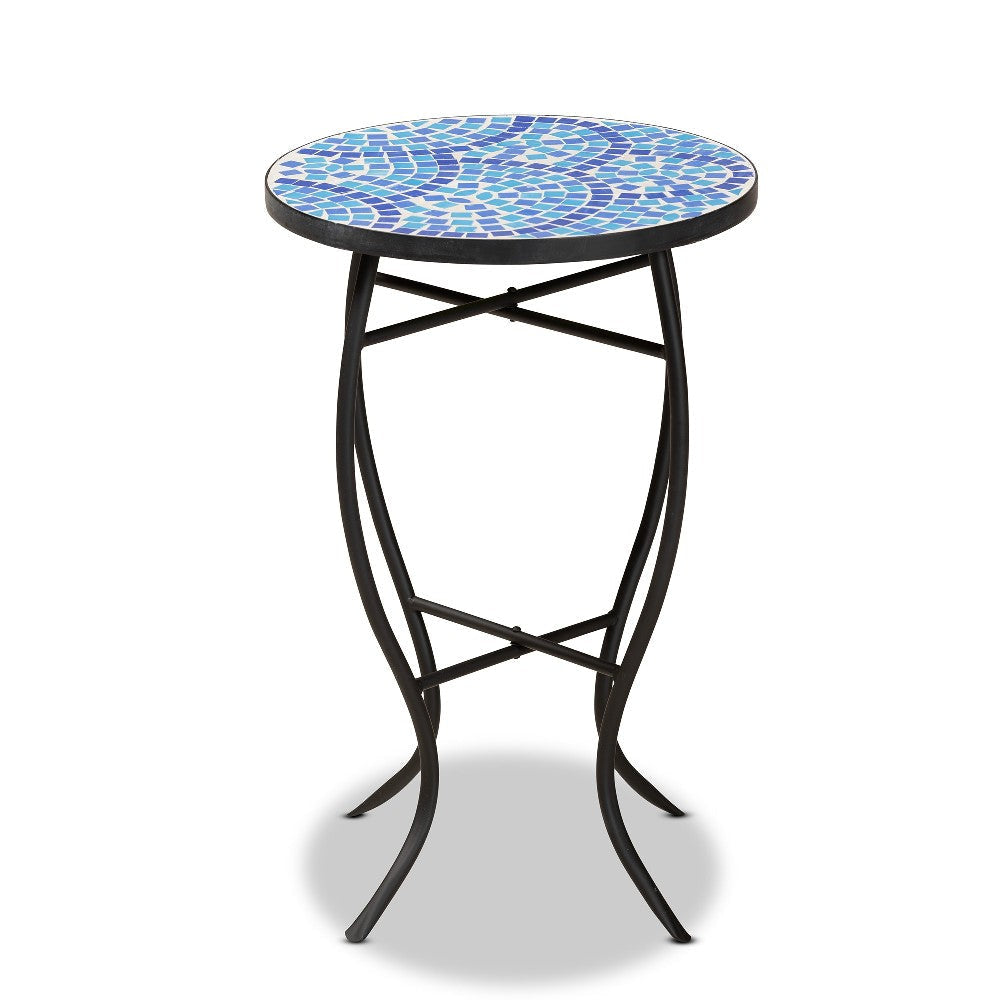 Baxton Studio Gaenor Modern and Contemporary Black Metal and Blue Glass Plant Stand WHI-H01-97880-Mosaic-Plant-Stand