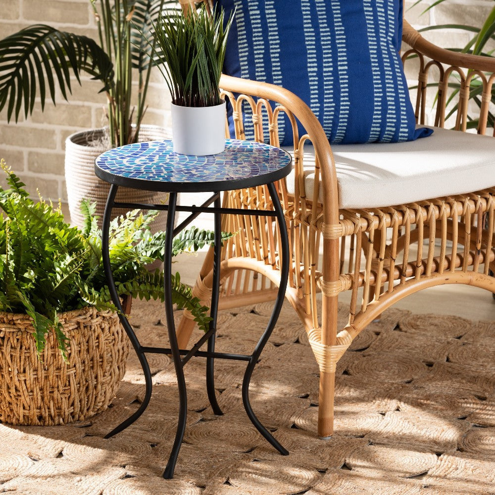 Baxton Studio Gaenor Modern and Contemporary Black Metal and Blue Glass Plant Stand WHI-H01-97880-Mosaic-Plant-Stand