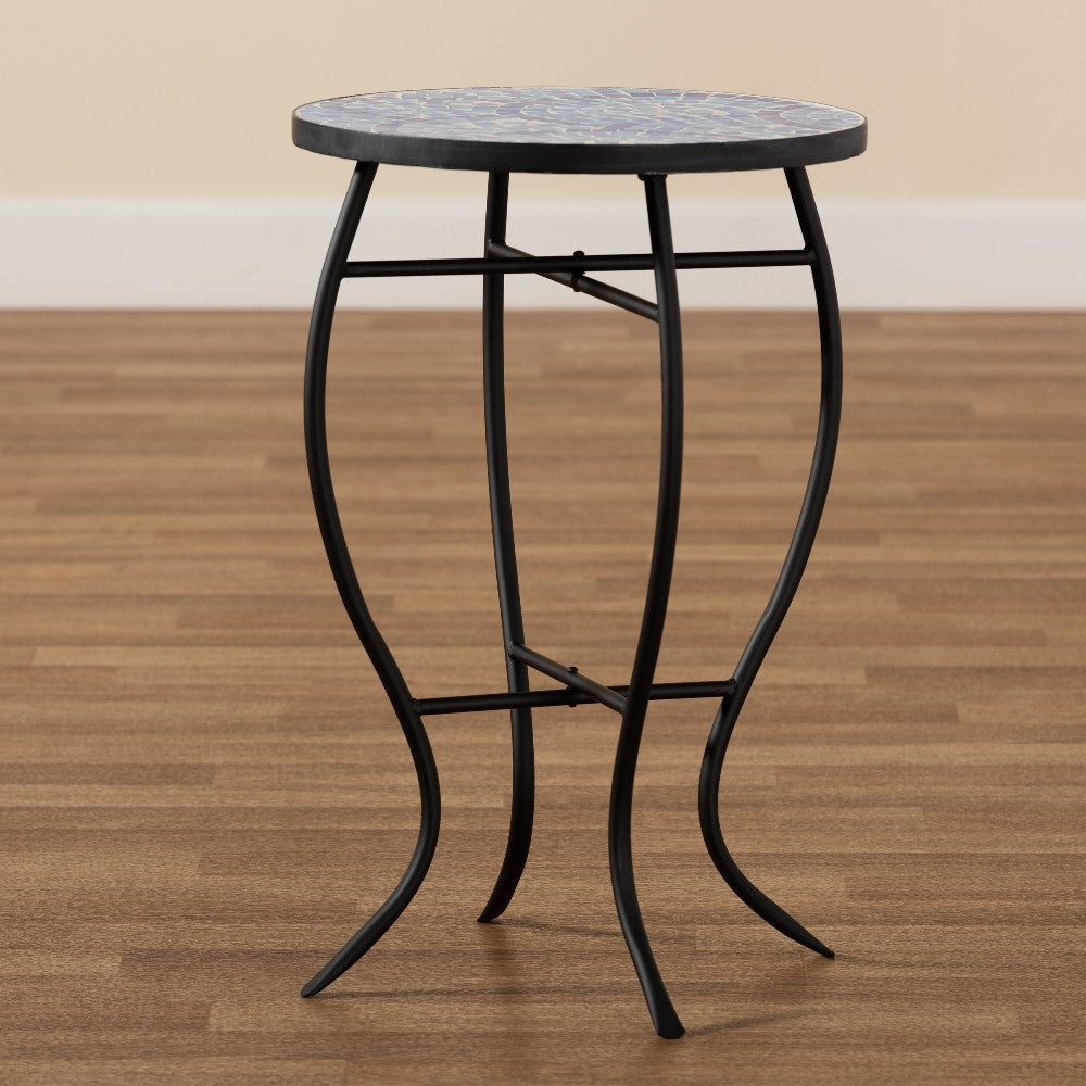 Baxton Studio Gaenor Modern and Contemporary Black Metal and Blue Glass Plant Stand WHI-H01-97880-Mosaic-Plant-Stand