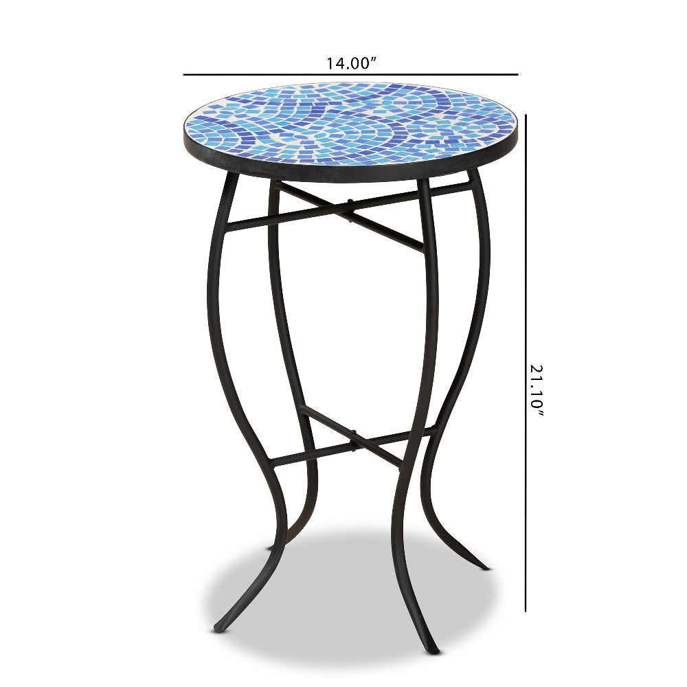 Baxton Studio Gaenor Modern and Contemporary Black Metal and Blue Glass Plant Stand