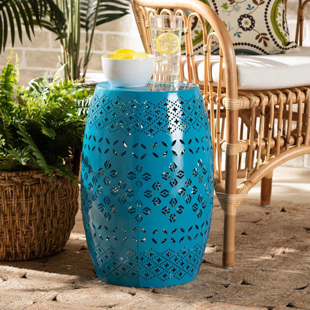 Baxton Studio Lavinia Modern and Contemporary Blue Finished Metal Outdoor Side Table WHI-H01-97938C-Blue-Metal-Side-Table