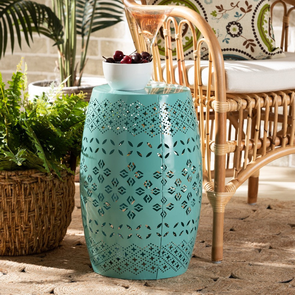 Baxton Studio Lavinia Modern and Contemporary Teal Finished Metal Outdoor Side Table WHI-H01-97939E-Teal-Metal-Side-Table