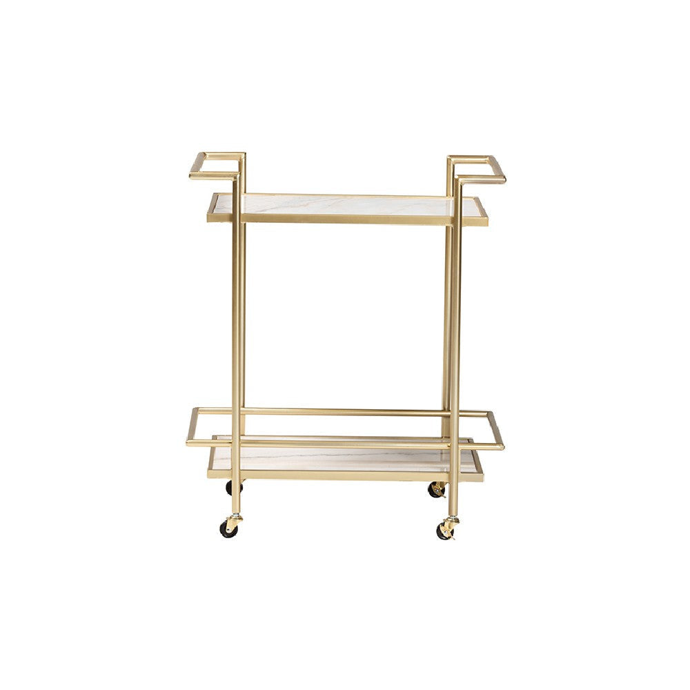 Baxton Studio Louise Contemporary Glam and Luxe Gold Metal and White Marble 2-Tier Wine Cart WHI-H01-98877-Gold-White-Marble-Cart