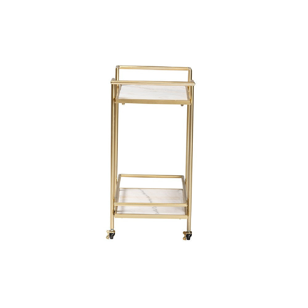 Baxton Studio Louise Contemporary Glam and Luxe Gold Metal and White Marble 2-Tier Wine Cart WHI-H01-98877-Gold-White-Marble-Cart
