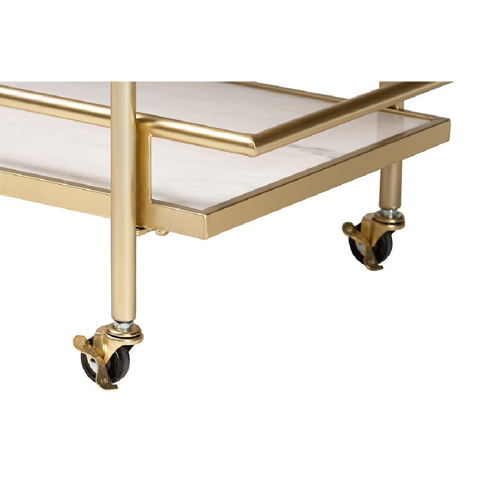 Baxton Studio Louise Contemporary Glam and Luxe Gold Metal and White Marble 2-Tier Wine Cart WHI-H01-98877-Gold-White-Marble-Cart