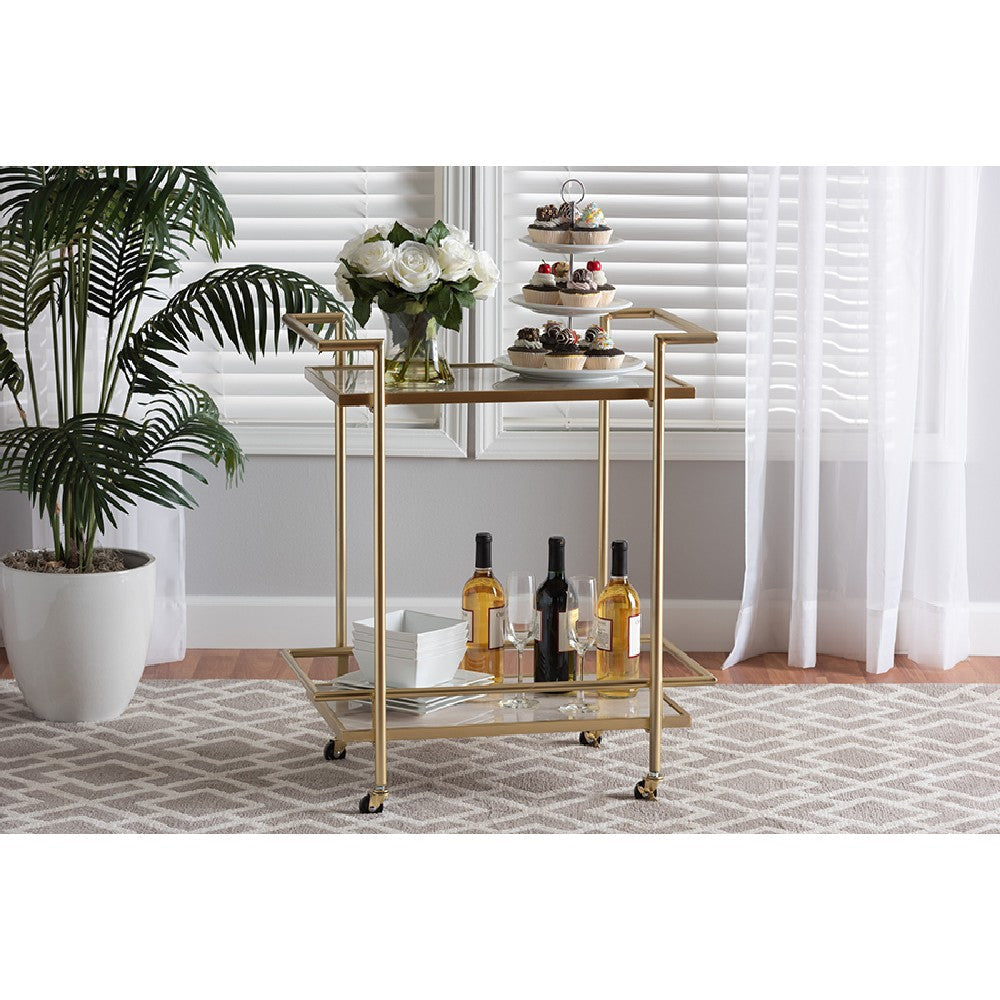 Baxton Studio Louise Contemporary Glam and Luxe Gold Metal and White Marble 2-Tier Wine Cart WHI-H01-98877-Gold-White-Marble-Cart