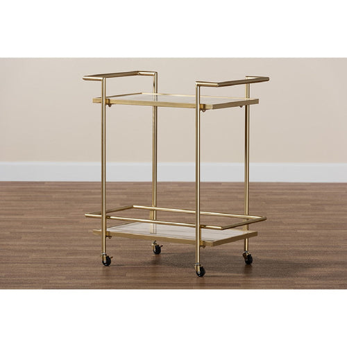 Baxton Studio Louise Contemporary Glam and Luxe Gold Metal and White Marble 2-Tier Wine Cart