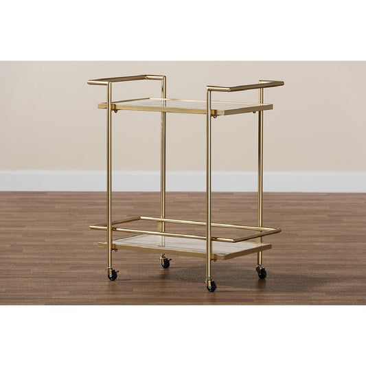Baxton Studio Louise Contemporary Glam and Luxe Gold Metal and White Marble 2-Tier Wine Cart