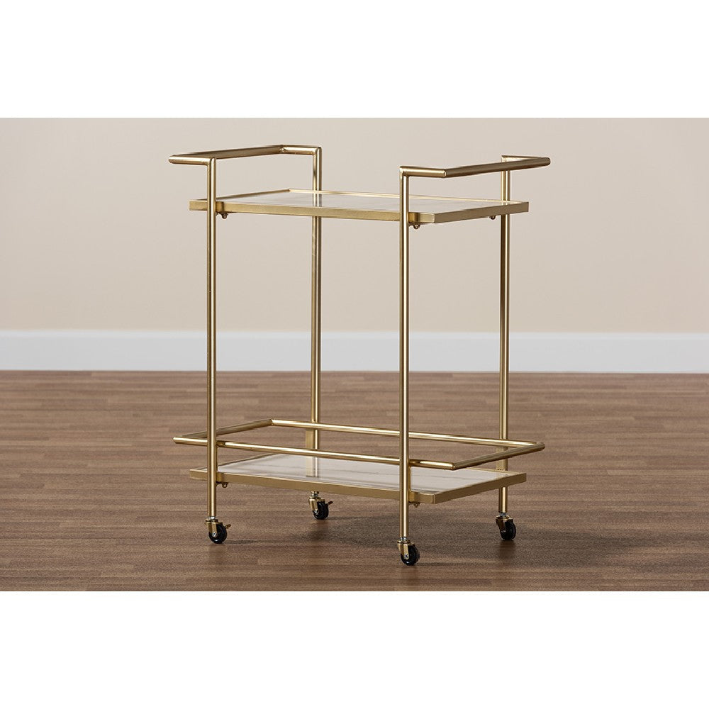 Baxton Studio Louise Contemporary Glam and Luxe Gold Metal and White Marble 2-Tier Wine Cart