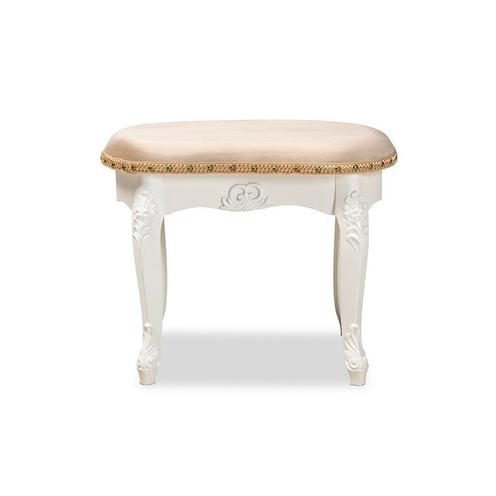 Baxton Studio Gabrielle Traditional French Country Provincial Sand Velvet Fabric Upholstered White-Finished Wood Vanity Ottoman