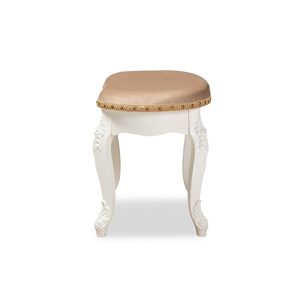Baxton Studio Gabrielle Traditional French Country Provincial Sand Velvet Fabric Upholstered White-Finished Wood Vanity Ottoman