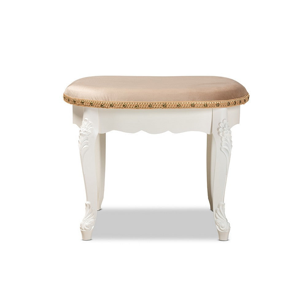 Baxton Studio Gabrielle Traditional French Country Provincial Sand Velvet Fabric Upholstered White-Finished Wood Vanity Ottoman