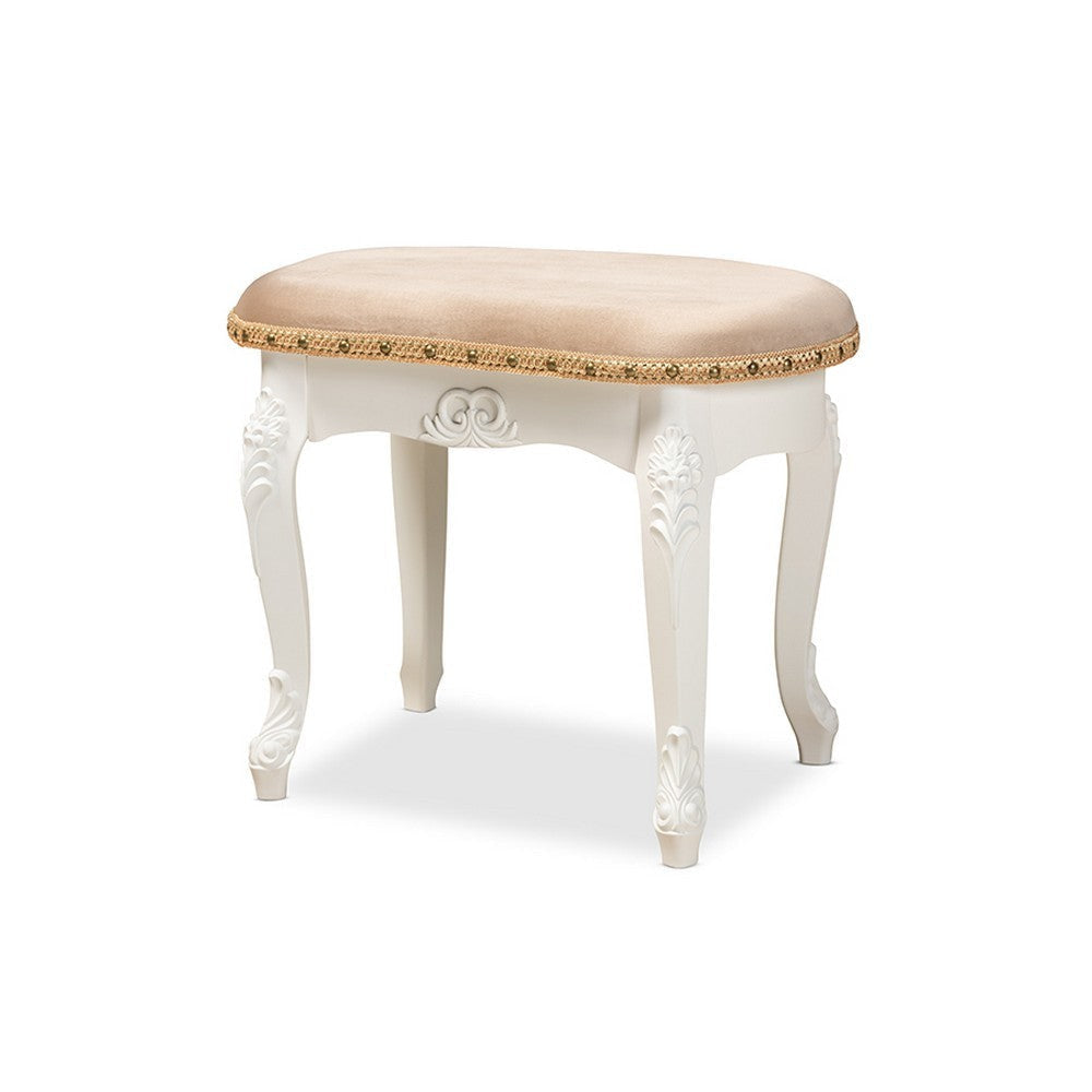 Baxton Studio Gabrielle Traditional French Country Provincial Sand Velvet Fabric Upholstered White-Finished Wood Vanity Ottoman