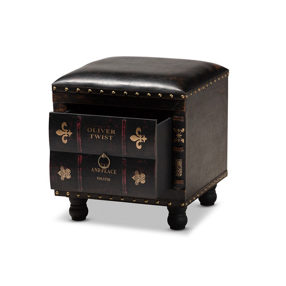 Baxton Studio Charlier Rustic Antique Inspired Dark Brown Faux Leather Upholstered Wood Storage Ottoman with Book Spine Drawer