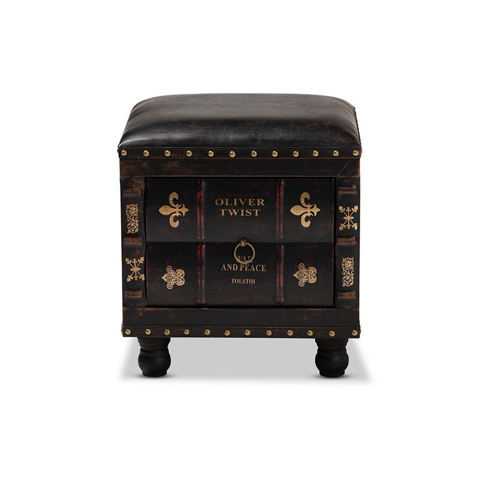 Baxton Studio Charlier Rustic Antique Inspired Dark Brown Faux Leather Upholstered Wood Storage Ottoman with Book Spine Drawer