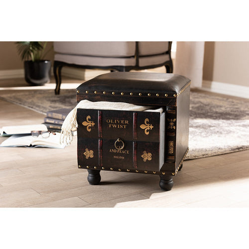 Baxton Studio Charlier Rustic Antique Inspired Dark Brown Faux Leather Upholstered Wood Storage Ottoman with Book Spine Drawer