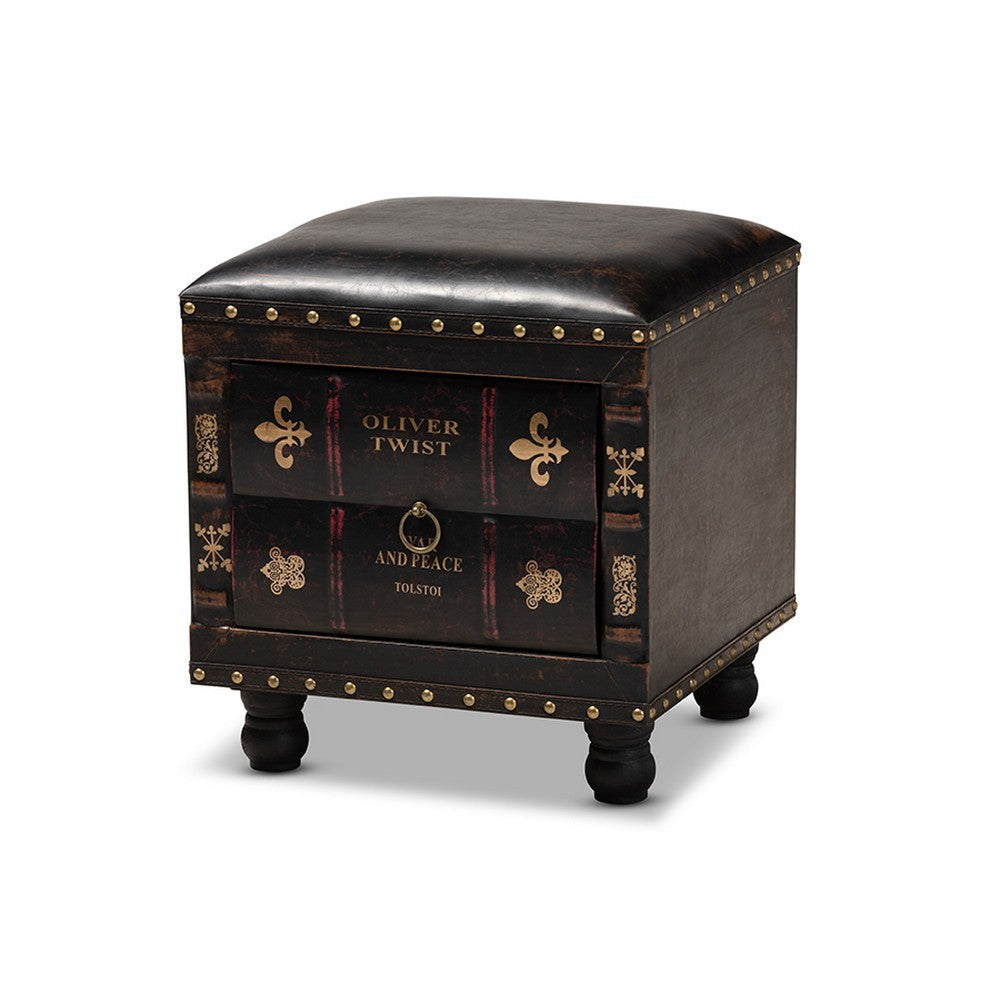 Baxton Studio Charlier Rustic Antique Inspired Dark Brown Faux Leather Upholstered Wood Storage Ottoman with Book Spine Drawer