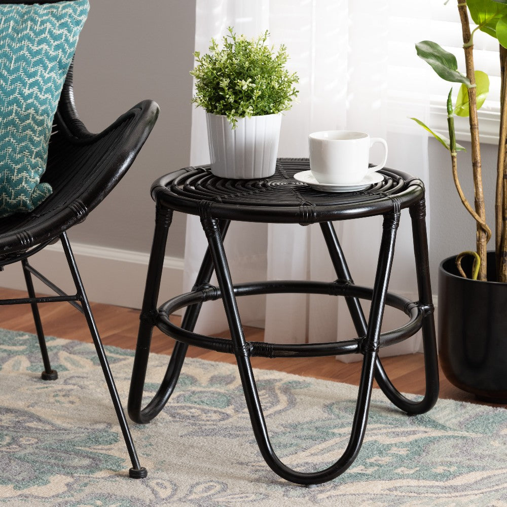 bali & pari Pertessa Modern Bohemian Black Finished Rattan End Table WHI-Harper-Black-Rattan-ET