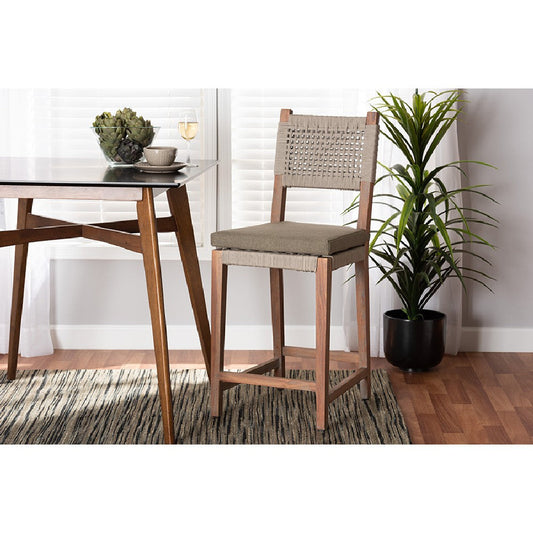 bali & pari Heyna Mid-Century Transitional Grey Woven Rope Mahogany Counter Stool