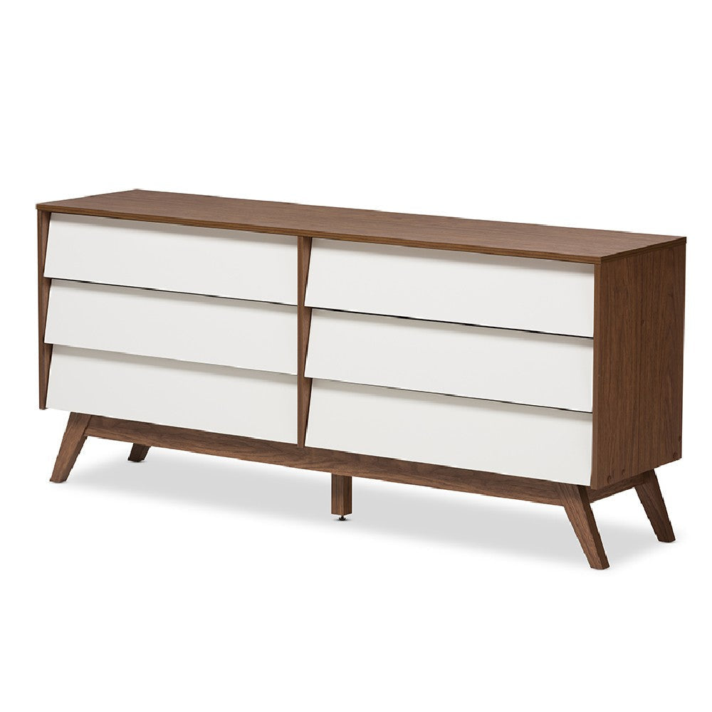 Baxton Studio Hildon Mid-Century Modern White and Walnut Wood 6-Drawer Storage Dresser WHI-Hildon-6DW-Walnut-White-Chest
