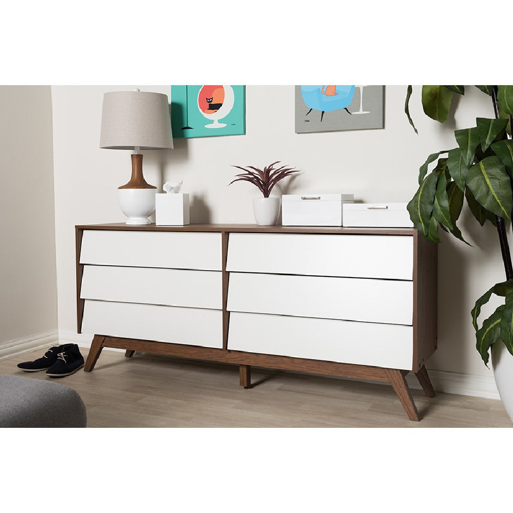 Baxton Studio Hildon Mid-Century Modern White and Walnut Wood 6-Drawer Storage Dresser WHI-Hildon-6DW-Walnut-White-Chest