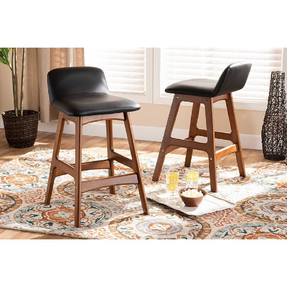 Baxton Studio Darrin Mid-Century Modern Black Faux Leather Upholstered and Walnut Brown Finished Wood 2-Piece Counter Stool Set