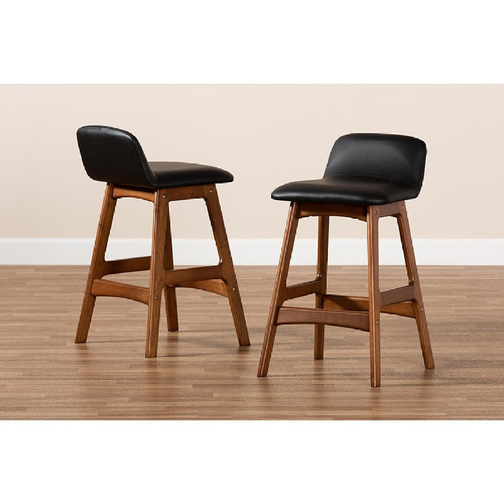 Baxton Studio Darrin Mid-Century Modern Black Faux Leather Upholstered and Walnut Brown Finished Wood 2-Piece Counter Stool Set