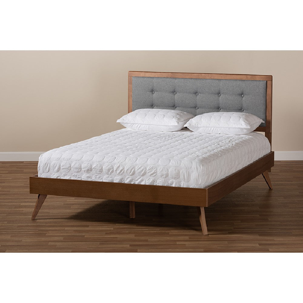 Baxton Studio Ines Mid-Century Modern Dark Grey Fabric Upholstered Walnut Brown Finished Wood Full Size Platform Bed
