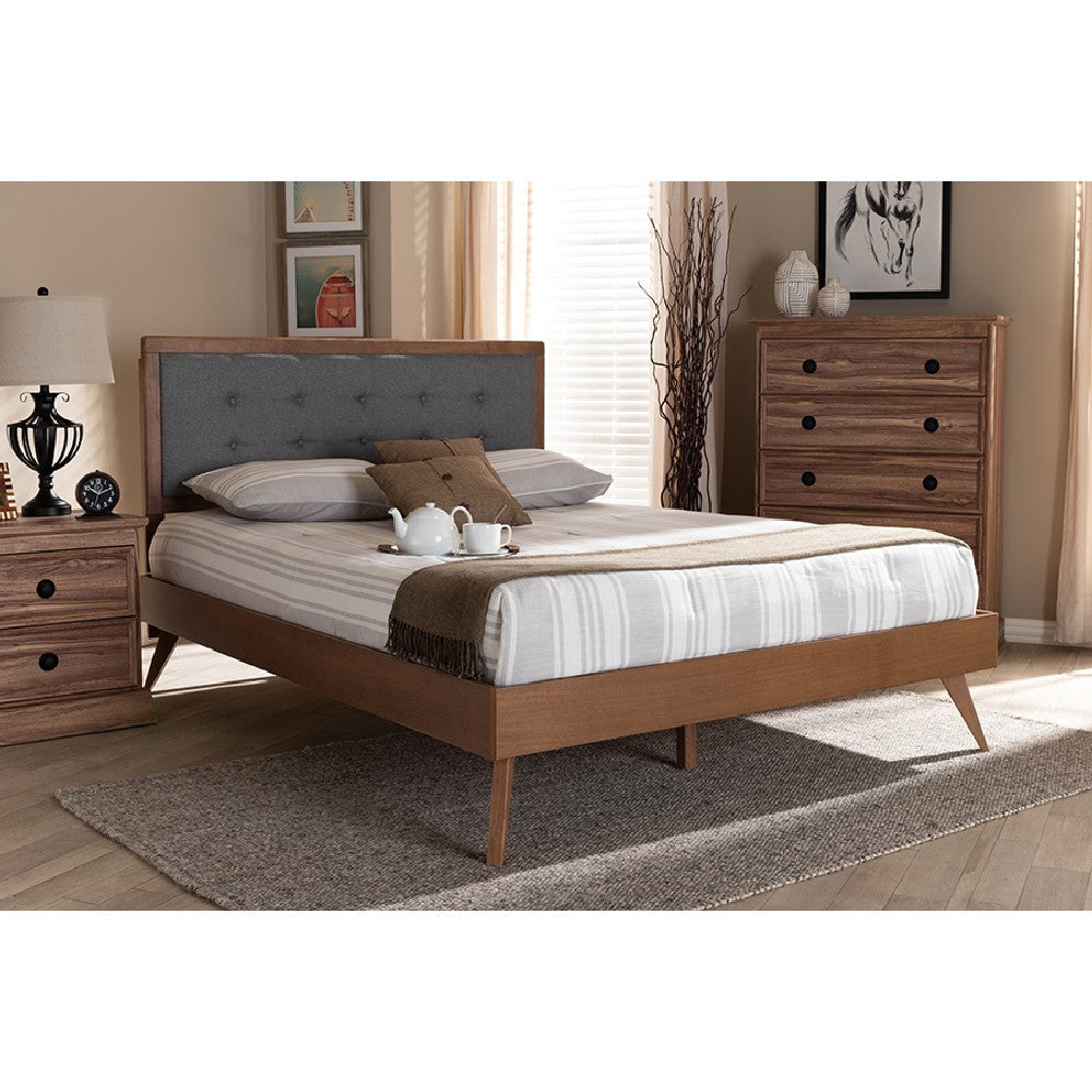 Baxton Studio Ines Mid-Century Modern Dark Grey Fabric Upholstered Walnut Brown Finished Wood King Size Platform Bed