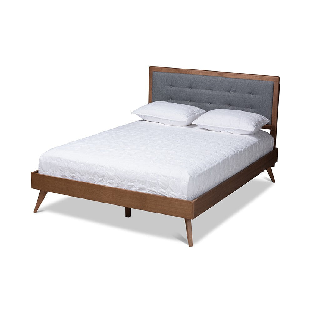Baxton Studio Ines Mid-Century Modern Dark Grey Fabric Upholstered Walnut Brown Finished Wood Queen Size Platform Bed
