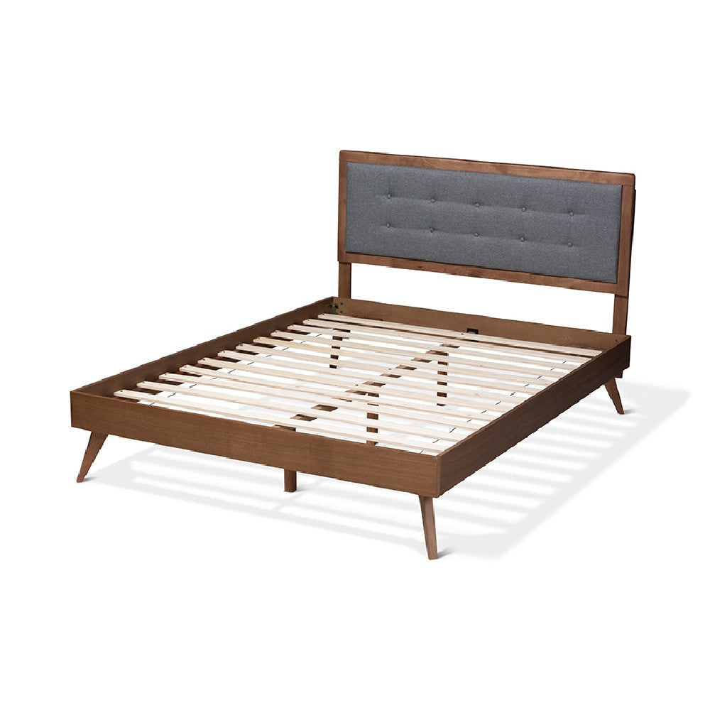 Baxton Studio Ines Mid-Century Modern Dark Grey Fabric Upholstered Walnut Brown Finished Wood Queen Size Platform Bed