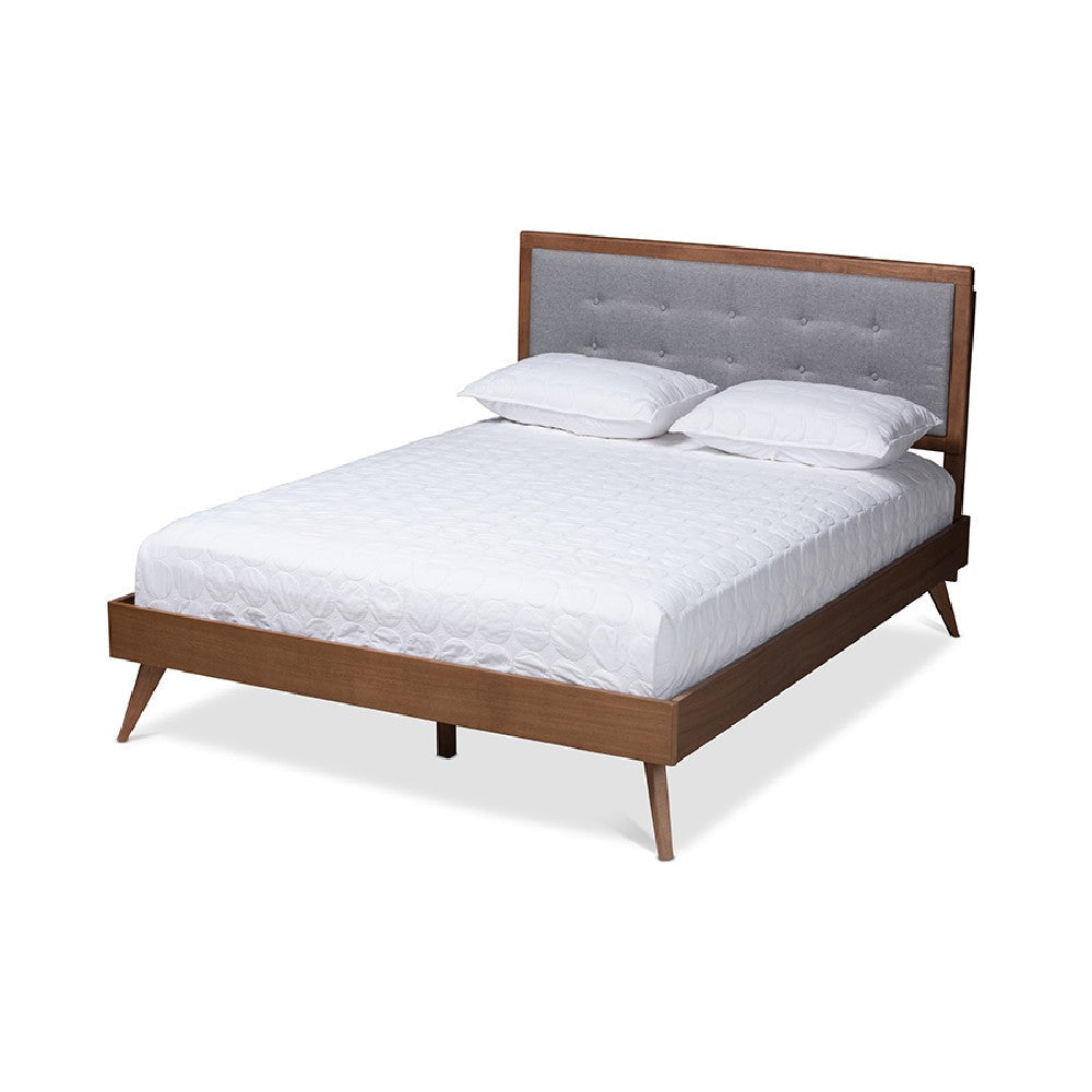 Baxton Studio Ines Mid-Century Modern Light Grey Fabric Upholstered Walnut Brown Finished Wood Queen Size Platform Bed