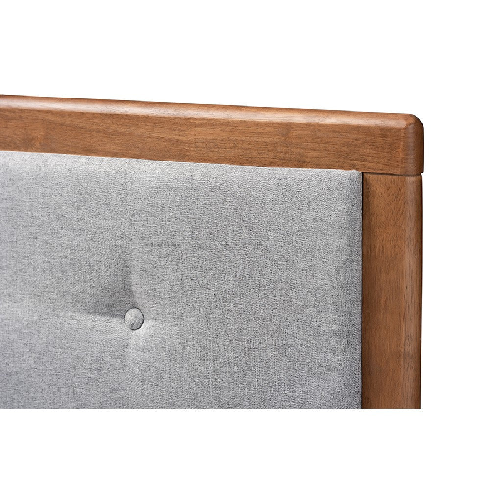 Baxton Studio Ines Mid-Century Modern Light Grey Fabric Upholstered Walnut Brown Finished Wood Queen Size Platform Bed