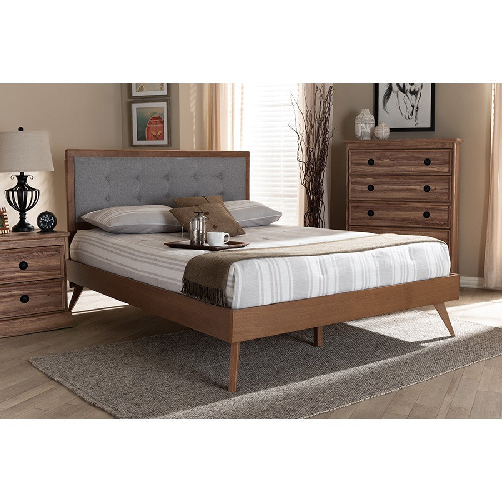 Baxton Studio Ines Mid-Century Modern Light Grey Fabric Upholstered Walnut Brown Finished Wood Queen Size Platform Bed