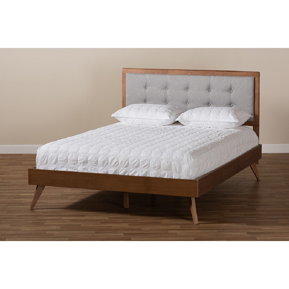Baxton Studio Ines Mid-Century Modern Light Grey Fabric Upholstered Walnut Brown Finished Wood Queen Size Platform Bed