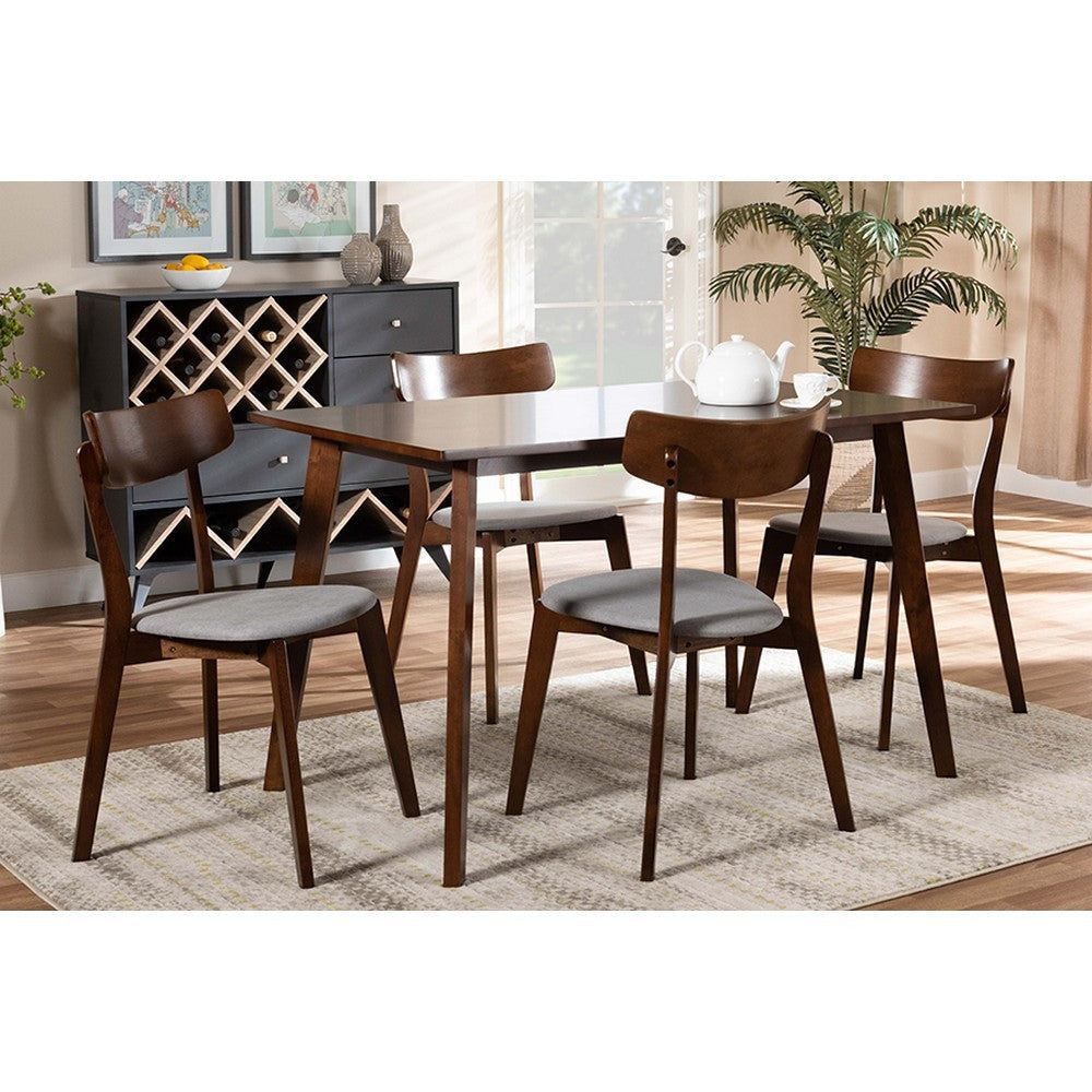 Baxton Studio Nori Mid-Century Modern Transitional Light Grey Fabric Upholstered and Walnut Brown Finished Wood 5-Piece Dining Set