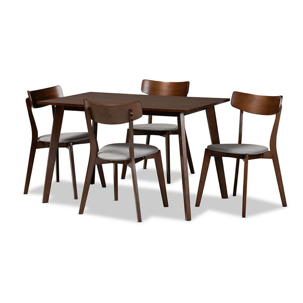 Baxton Studio Nori Mid-Century Modern Transitional Light Grey Fabric Upholstered and Walnut Brown Finished Wood 5-Piece Dining Set