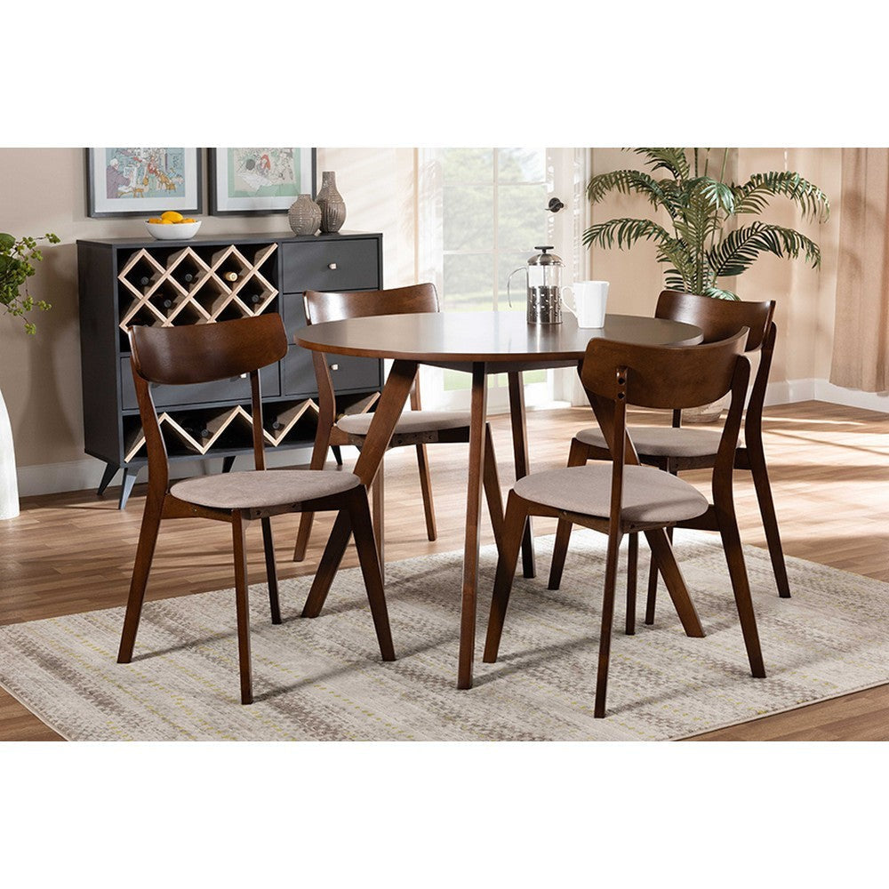 Baxton Studio Rika Mid-Century Modern Transitional Light Beige Fabric Upholstered and Walnut Brown Finished Wood 5-Piece Dining Set