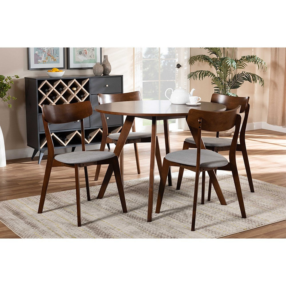 Baxton Studio Rika Mid-Century Modern Transitional Light Grey Fabric Upholstered and Walnut Brown Finished Wood 5-Piece Dining Set
