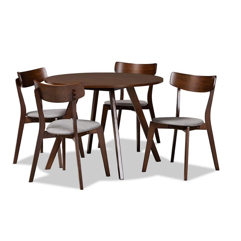 Baxton Studio Rika Mid-Century Modern Transitional Light Grey Fabric Upholstered and Walnut Brown Finished Wood 5-Piece Dining Set